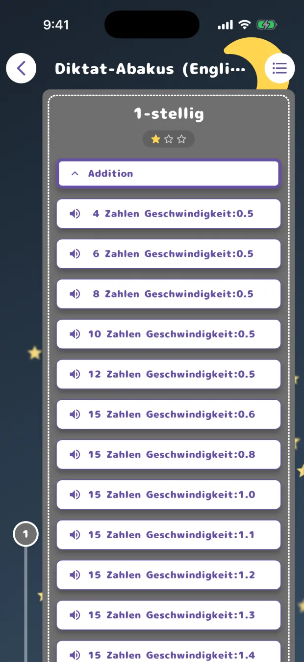 Die Level-Liste des Diktat-Abakus