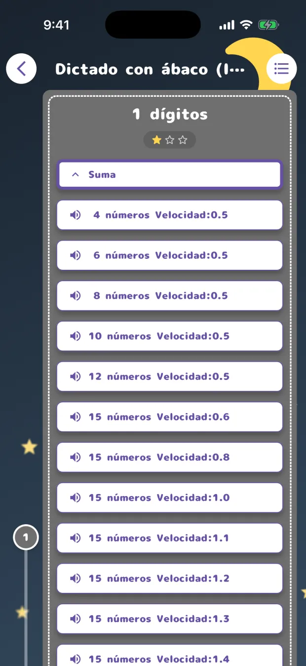 La lista de niveles de Dictado con ábaco