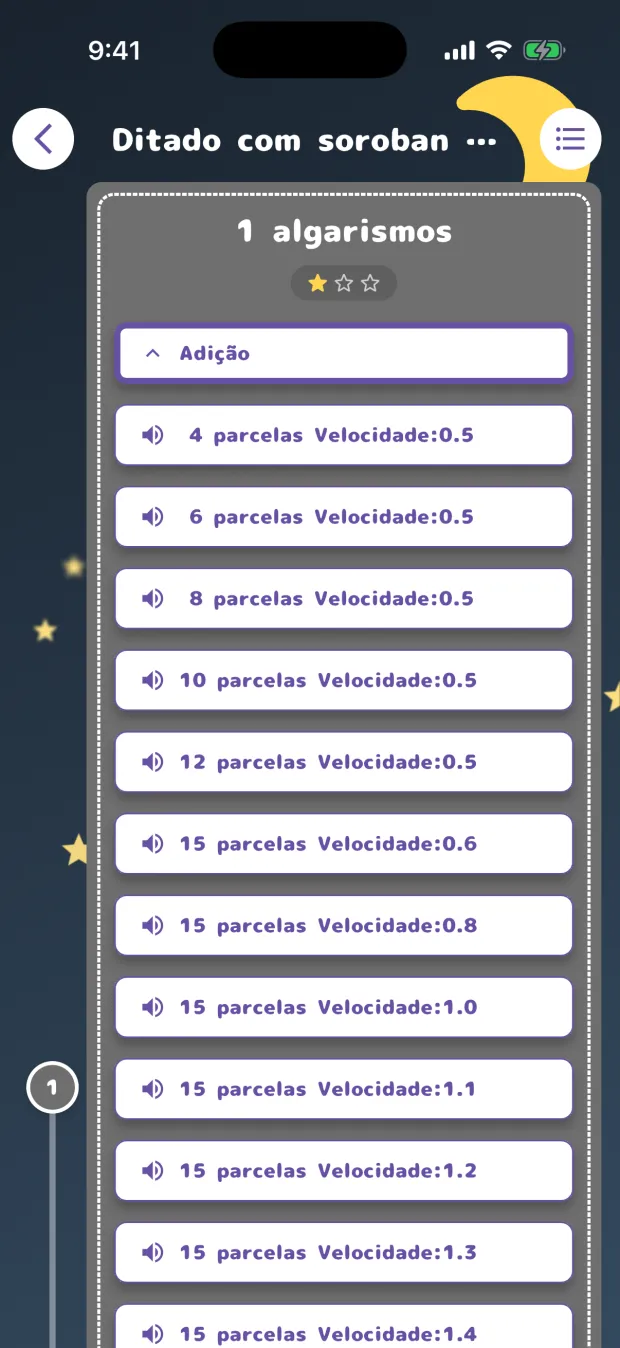 A lista de níveis do Ditado com soroban
