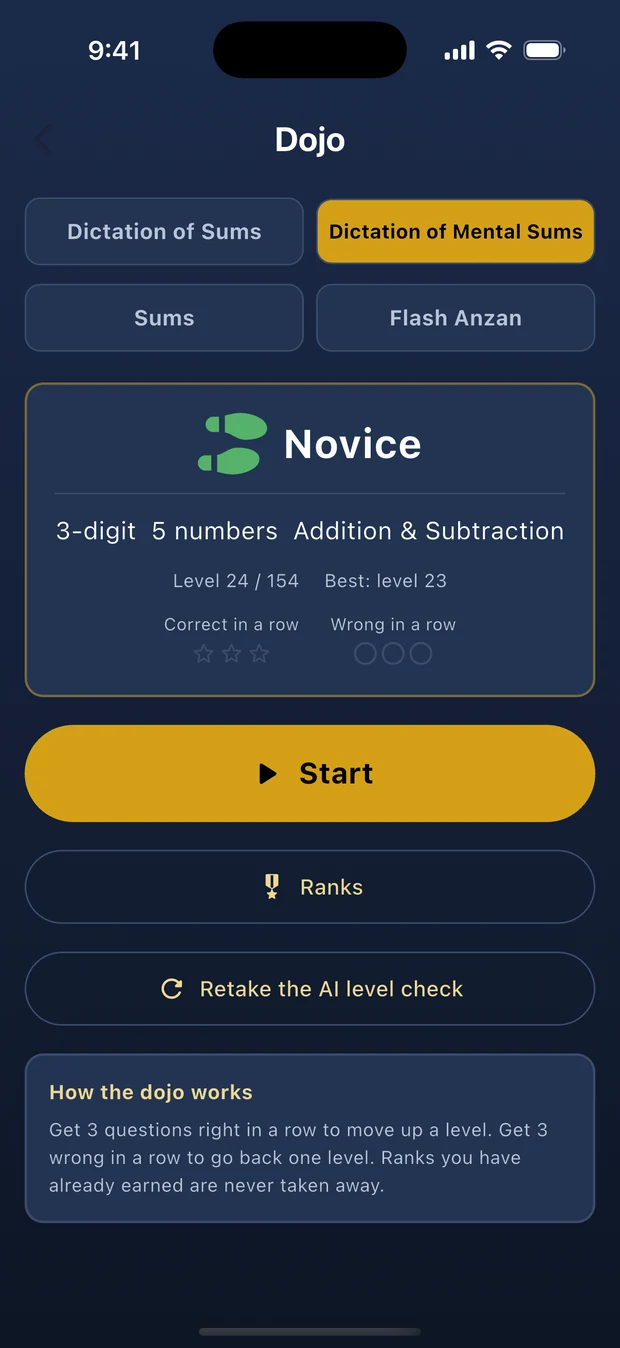 The Dictation of Mental Sums dojo home screen, showing the rank Novice and 3-digit, 5 numbers, Addition & Subtraction
