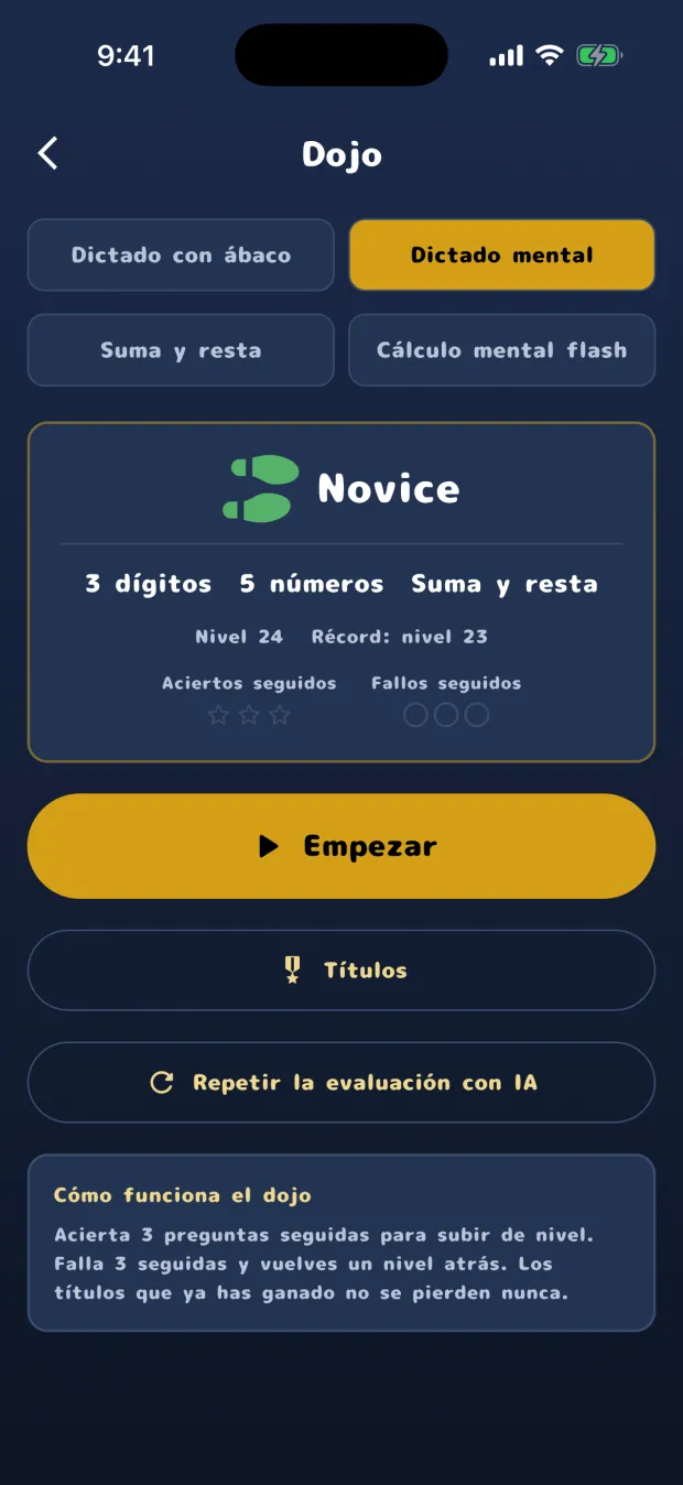 La pantalla de inicio del dojo del Dictado mental, con el título Novice y la indicación 3 dígitos, 5 números, Suma y resta