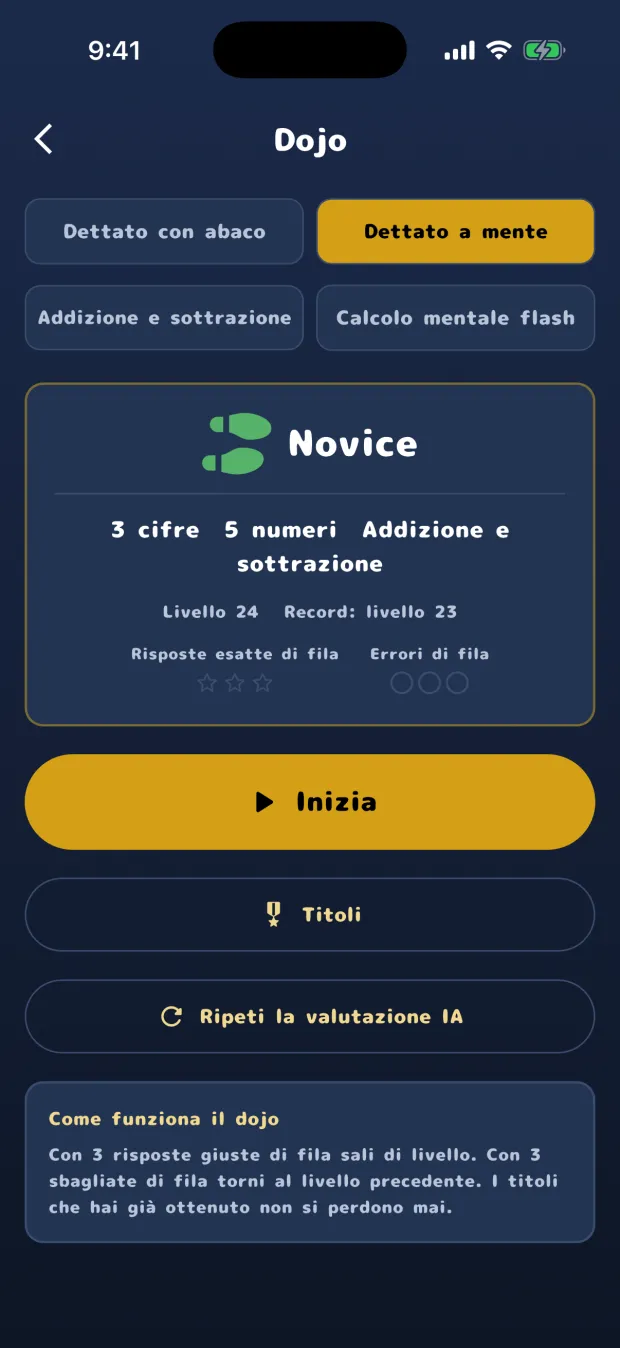 La schermata iniziale del dojo del Dettato a mente, con il titolo Novice e l'indicazione 3 cifre, 5 numeri, Addizione e sottrazione