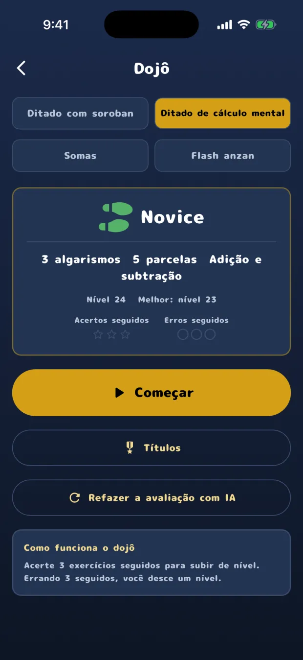 A tela inicial do dojô do Ditado de cálculo mental, com o título Novice e a indicação 3 algarismos, 5 parcelas, Adição e subtração