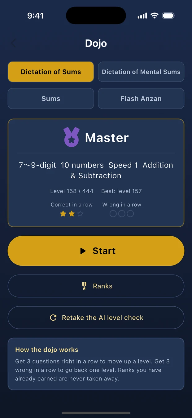 The Dictation of Sums dojo home screen, showing the rank Master, level 158 of 444, and the streak gauge
