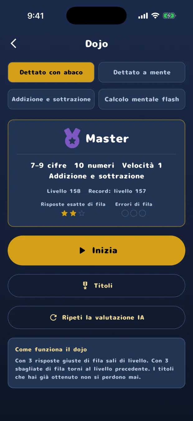La schermata iniziale del dojo del Dettato con abaco, con il titolo Master, il livello 158 su 444 e la barra della serie