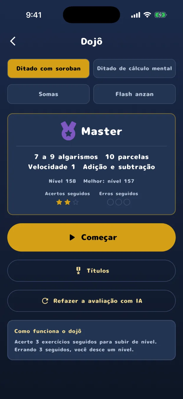 A tela inicial do dojô do Ditado com soroban, com o título Master, o nível 158 de 444 e a barra de sequência