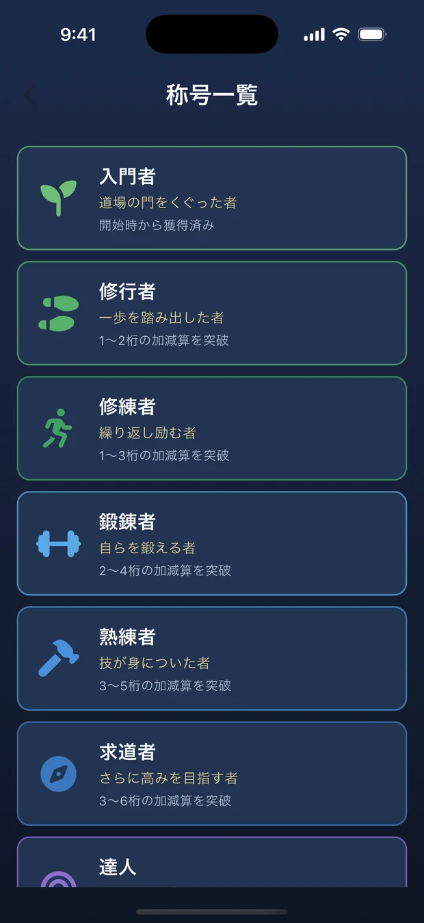 称号一覧の画面。入門者から順に、獲得条件とともに並んでいる
