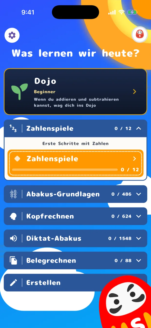 Der Startbildschirm auf Englisch: What shall we learn today?