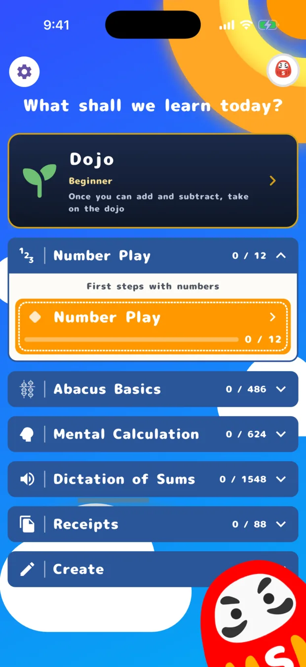 The home screen in English: What shall we learn today?