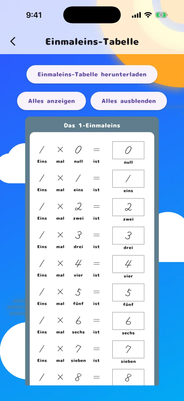 Die Einmaleins-Tabelle mit der Einerreihe und den Knöpfen "Alles anzeigen" und "Alles ausblenden"