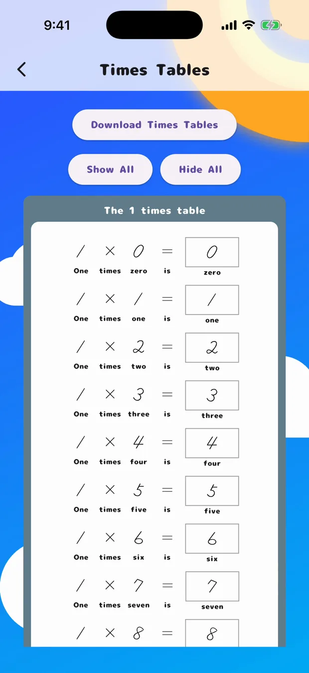 The Times Tables screen, showing the 1 times table with Show All and Hide All above it