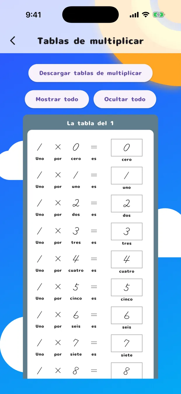La pantalla de Tablas de multiplicar, con la tabla del 1 y los botones Mostrar todo y Ocultar todo