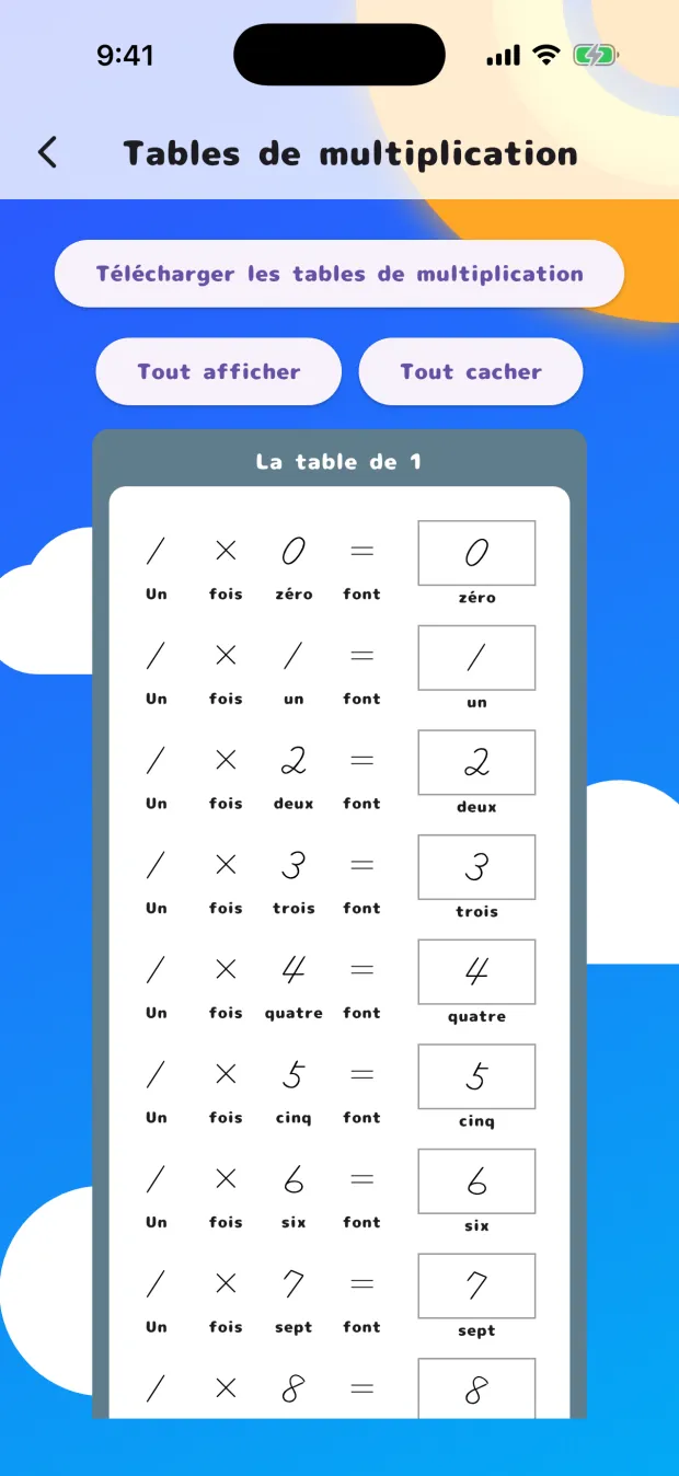 L'écran des Tables de multiplication, avec la table de 1 et les boutons Tout afficher et Tout cacher