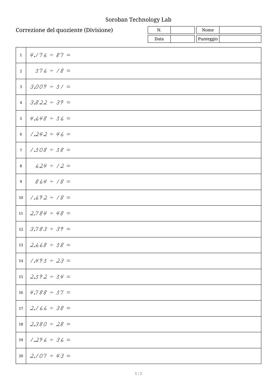 Pagina 1 di un foglio di correzione del quoziente