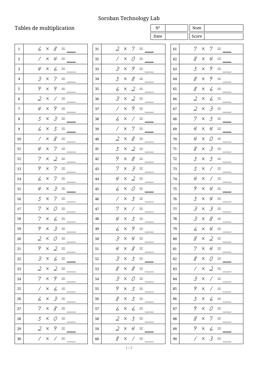 Première page d'une feuille Tables de multiplication