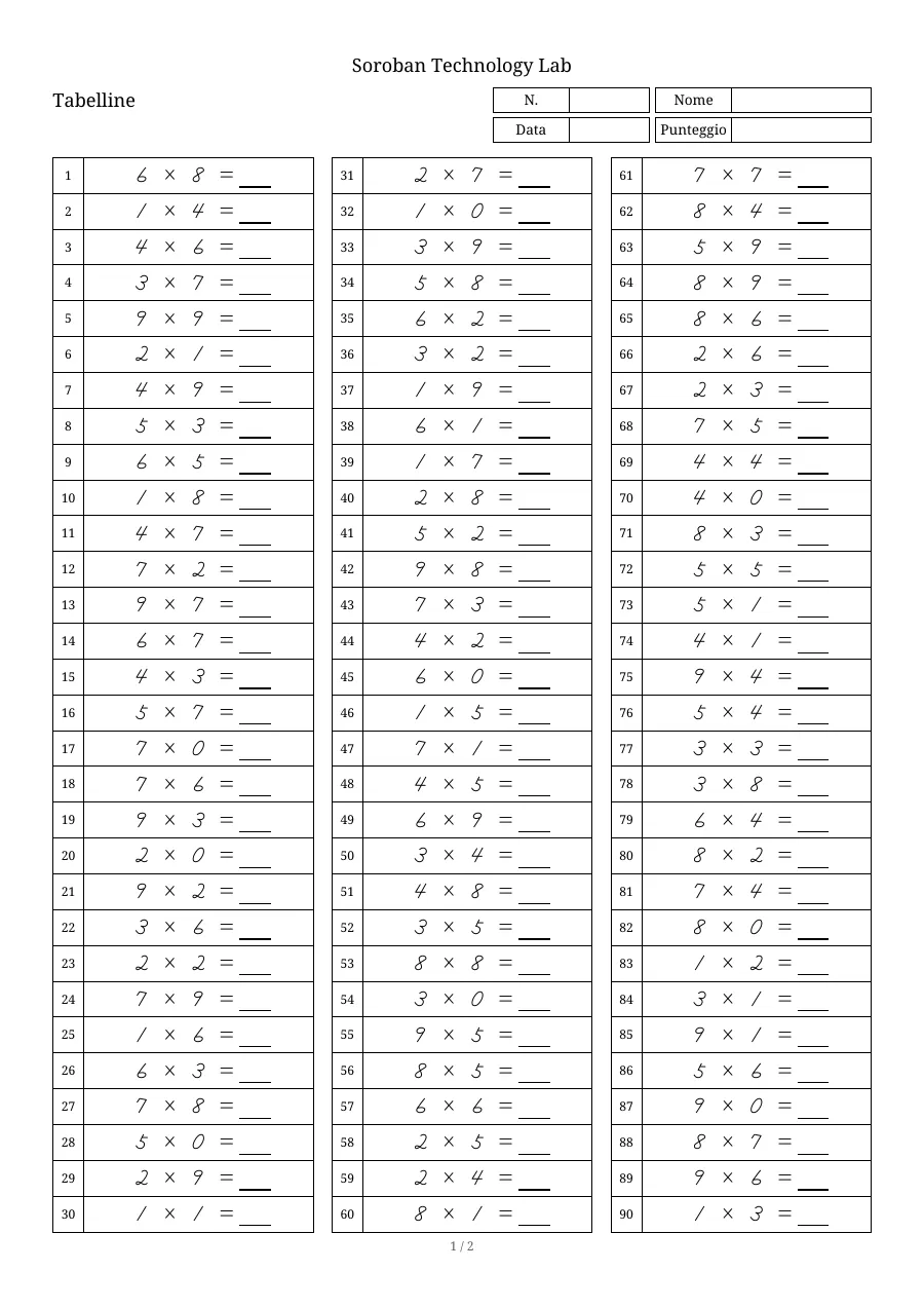Pagina 1 di un foglio di tabelline