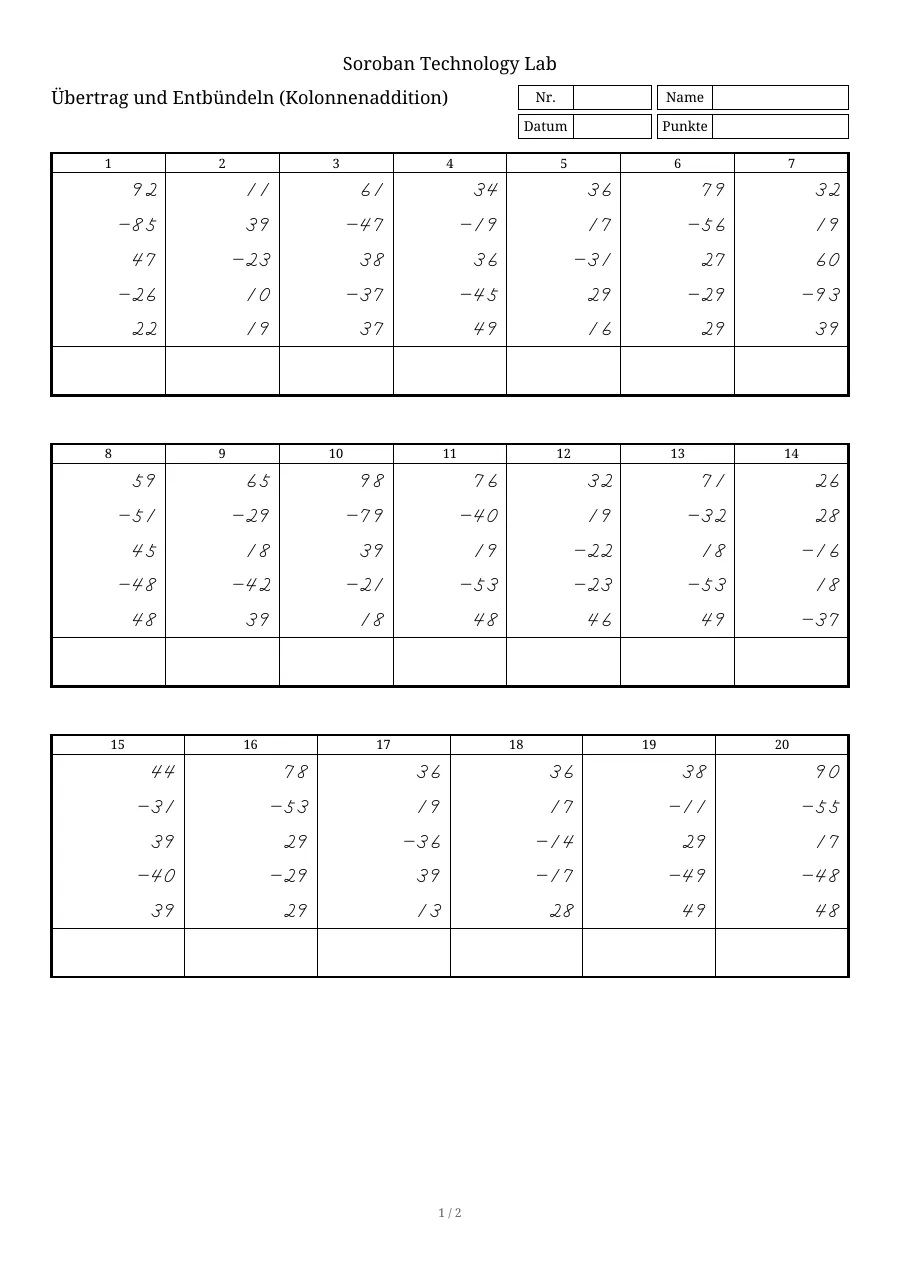 Seite 1 eines Blatts Übertrag und Entbündeln (Kolonnenaddition)