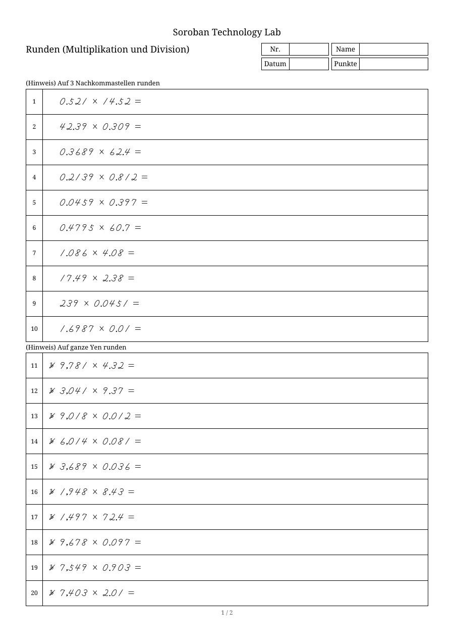 Seite 1 eines Blatts Runden (Multiplikation und Division)