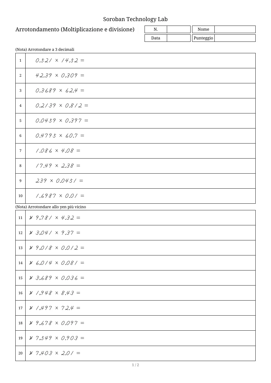 Pagina 1 di un foglio di arrotondamento