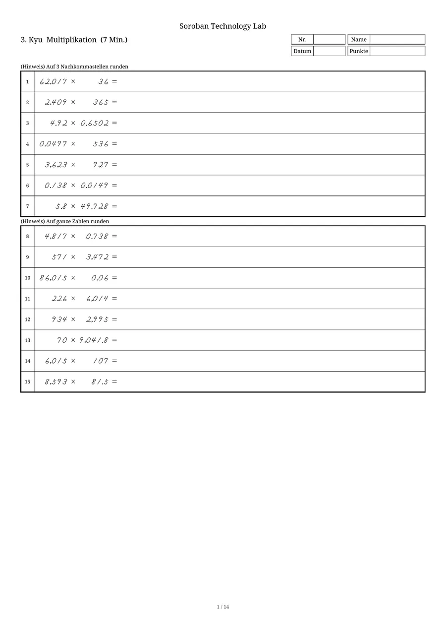 Ein Übungsblatt Multiplikation