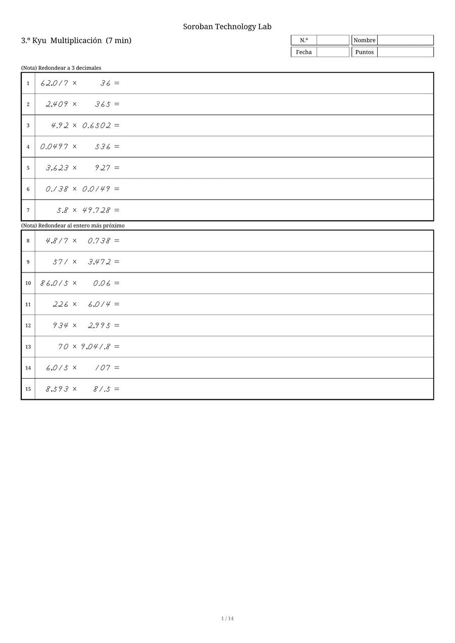 Una hoja de ejercicios de multiplicación