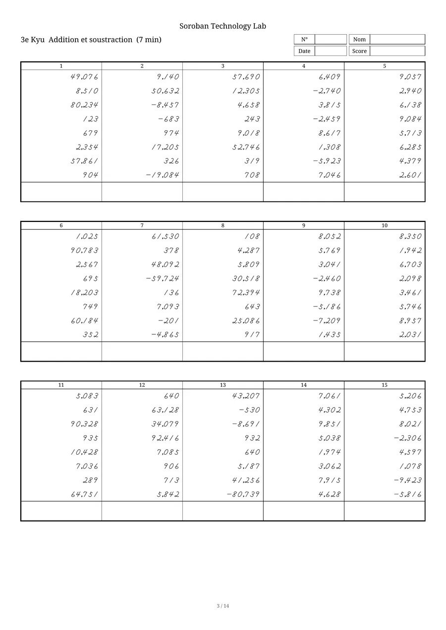 Une feuille « Addition et soustraction » pour Zenshuren, Boulier, 3e Kyu