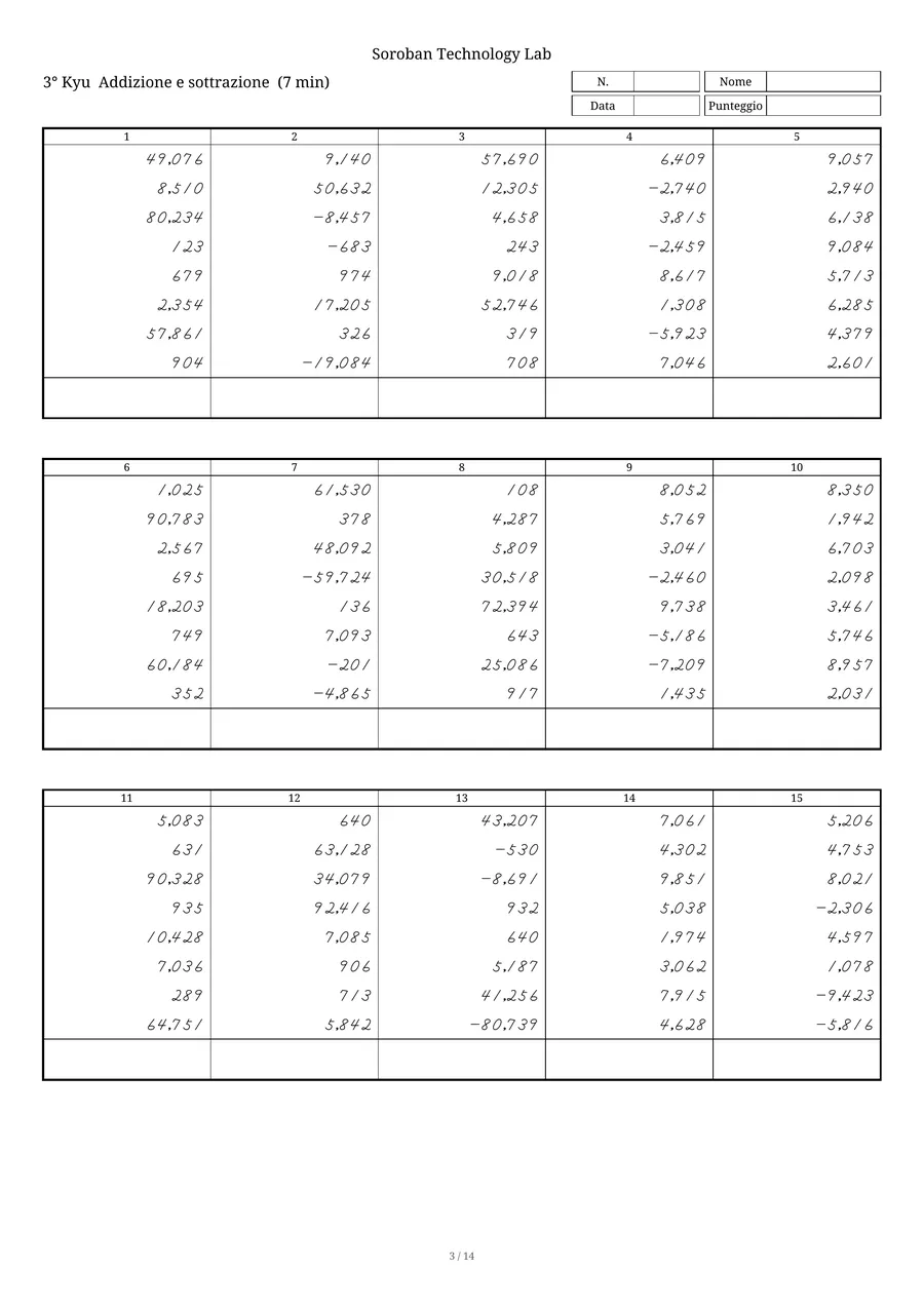 Un foglio «Addizione e sottrazione» per Zenshuren, abaco, 3° Kyu