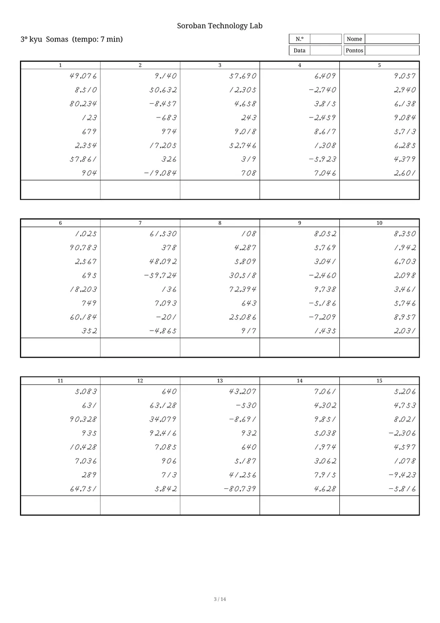 Uma folha de "Somas" para Zenshuren, soroban, 3º kyu