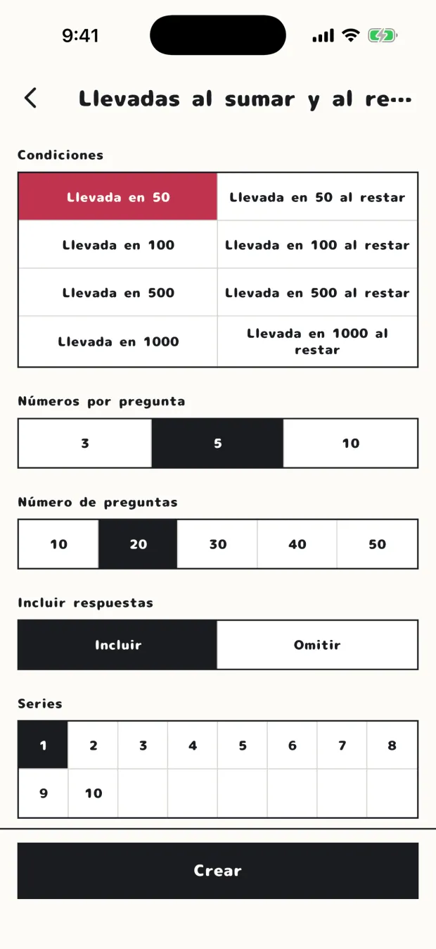 La pantalla de ajustes de «Llevadas al sumar y al restar (Suma y resta)»