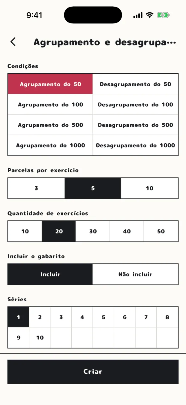 A tela de ajustes de "Agrupamento e desagrupamento (somas)"